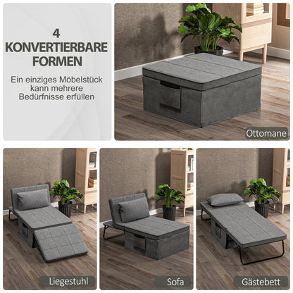 HOMCOM 4-in-1 Klappbett, Gästebett, höhenverstellbar, Matratze, Seitentaschen, Metallrahmen, grau, 188 x 75 x 38 cm