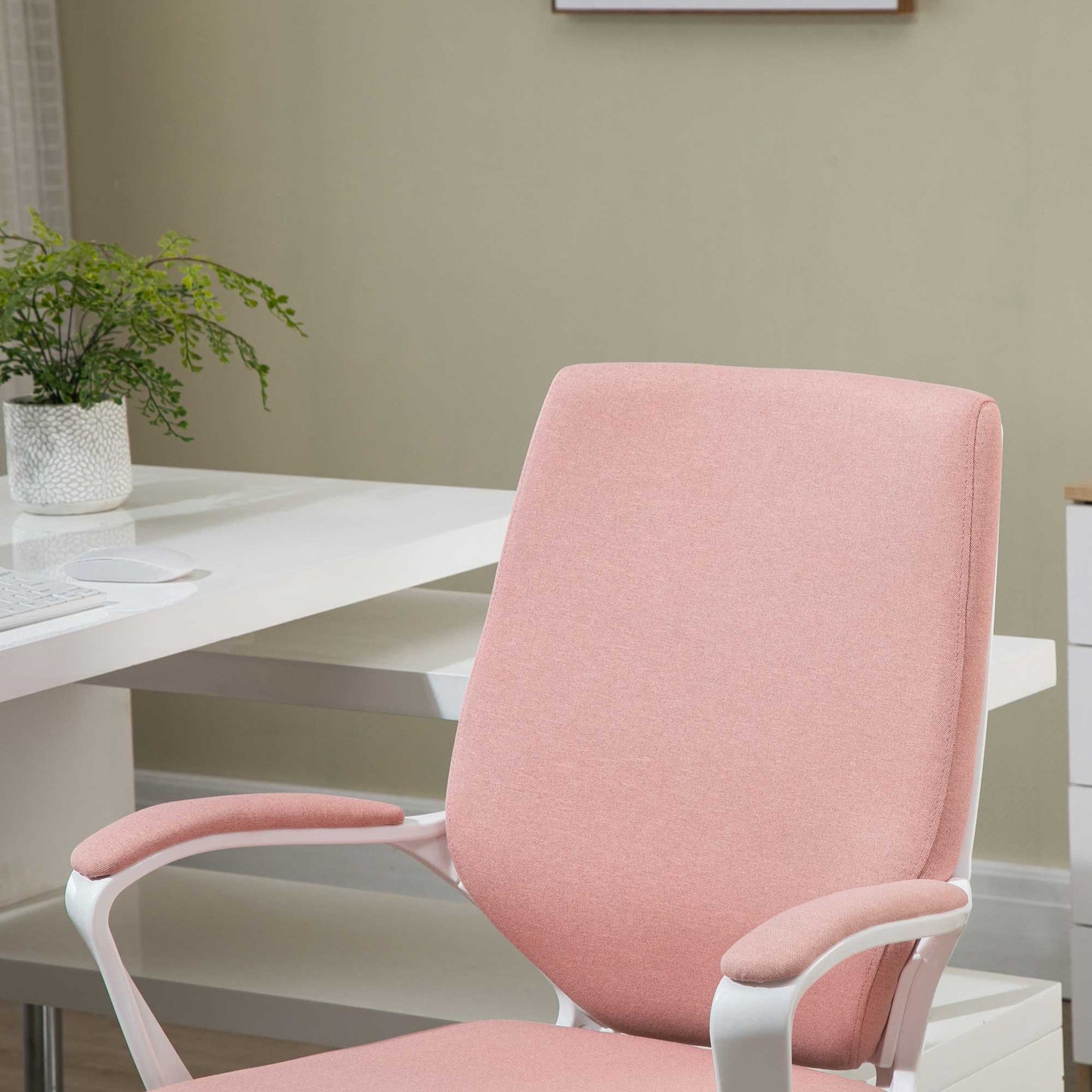 Vinsetto Bürostuhl Schreibtischstuhl Home-Office-Stuhl mit Wippenfunktion Rückenlehne höhenverstellbarer dick gepolstert ergonomisch 360°-Drehräder Polyester Nylon PP Rosa+Weiß 62x69x92-100 cm