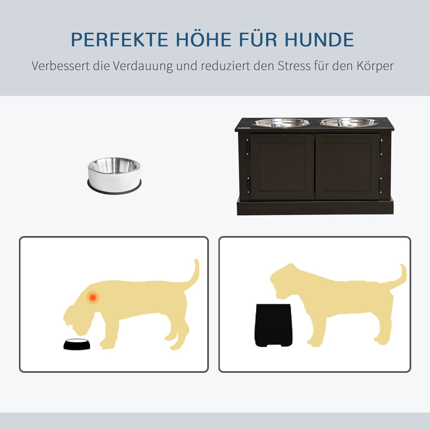 PawHut Futterstation Erhöhte Futternäpfe, inklusive Stauraum, 60 cm x 30 cm x 34 cm, Braun + Silber