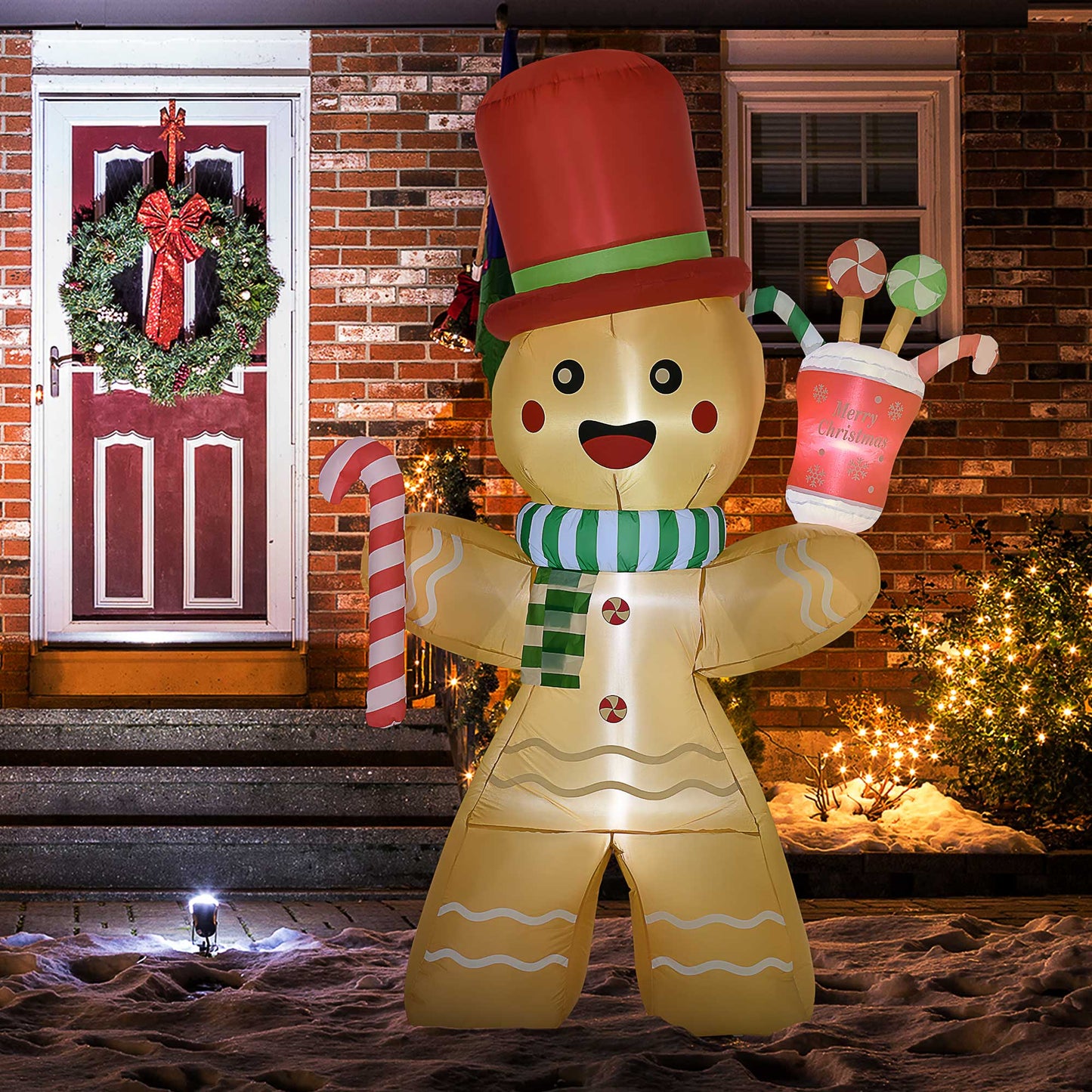 HOMCOM Aufblasbarer Lebkuchenmann, 2,35 m, mit LED-Lichtern, wetterfest, inkl. Gebläse, Mehrfarbig, Weihnachtsdeko