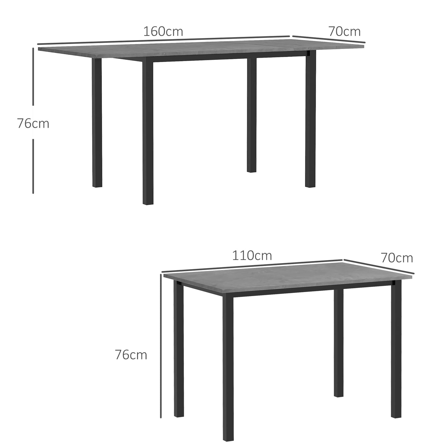 HOMCOM Esszimmertisch, Küchentisch, erweiterbar, für 6 Personen, 160x70, Dunkelgrau
