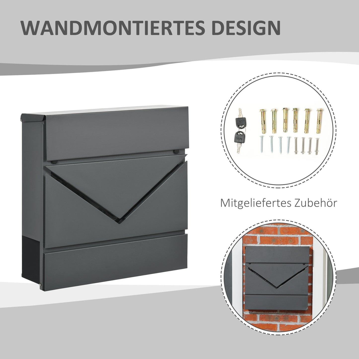 HOMCOM Briefkasten mit Deckel, 2 untere Abflusslöcher, Stahl, mit Schloss, Grau