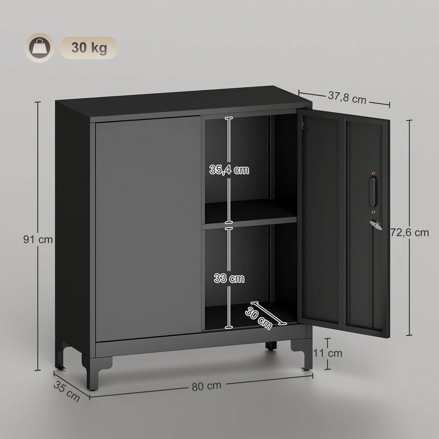HOMCOM Büroschrank aus Metall, verschließbare Türen, Bürokommode, 2-stufiges Design, Schwarz