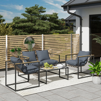 Outsunny 4-teiliges Gartenmöbelset, Outdoor-Möbel-Set, 2 Sessel, 2er Sofa, 1 Tisch, gepolstert, Stahl, Polyester, Grau