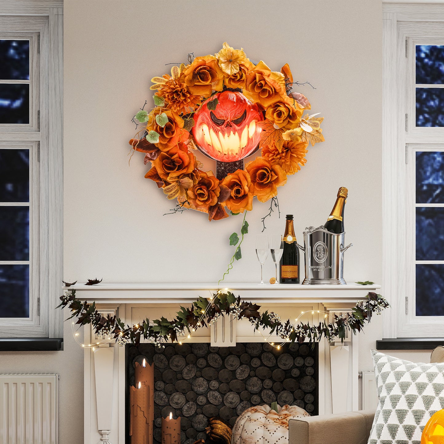Outsunny Halloween-Kranz, Grusel-Kürbis-Design, Herbstblätter, Lichteffekte, Kunststoff