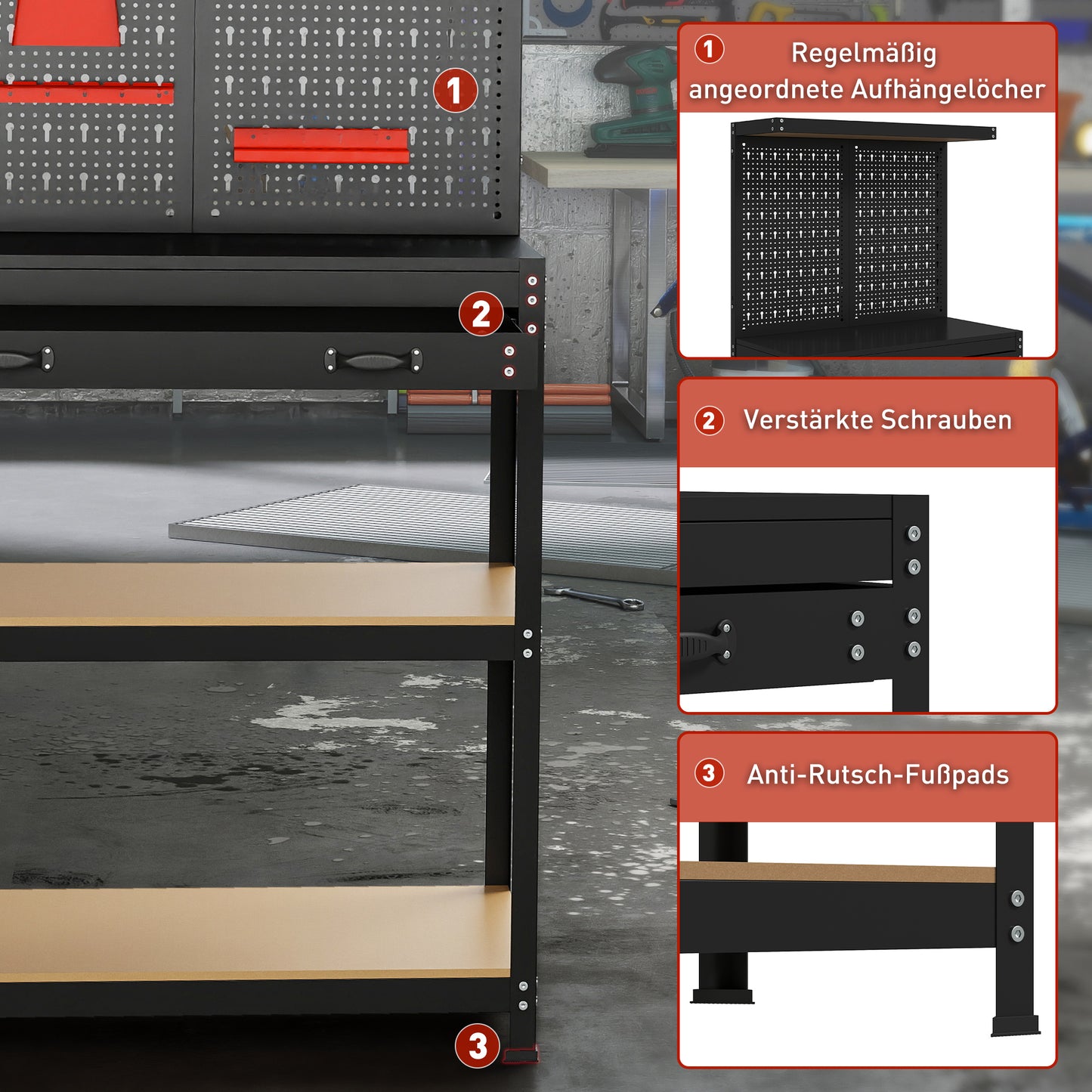 HOMCOM Werkbank 80 x 40,5 x 155 cm Werkzeugbank mit Lochwand, Haken, Schublade, 2 Ablagen für Werkstatt Schwarz