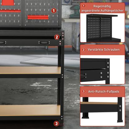 HOMCOM Werkbank 80 x 40,5 x 155 cm Werkzeugbank mit Lochwand, Haken, Schublade, 2 Ablagen für Werkstatt Schwarz