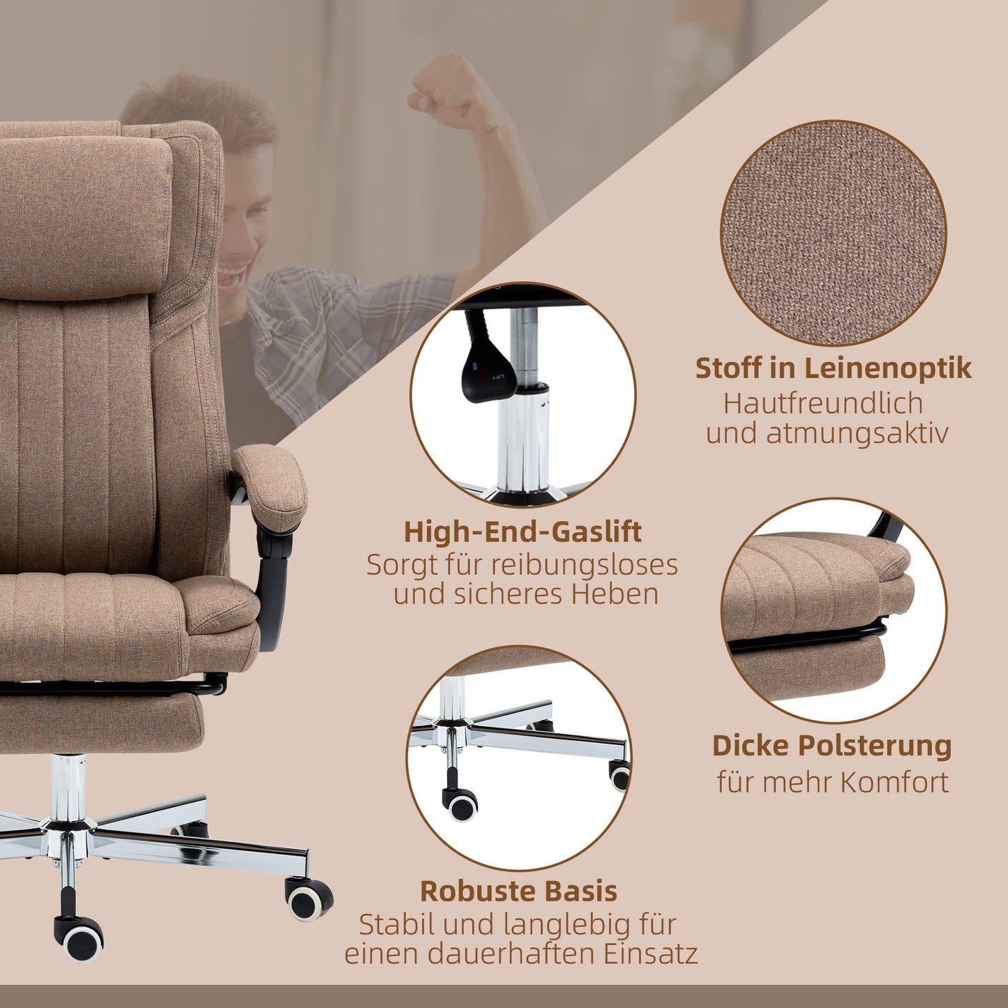 Vinsetto Bürostuhl mit Massagefunktion, neigbare Rücklehne, ausziehbare Fußstütze, Leinenoptik, 65 x 61 x 118 cm, Braun