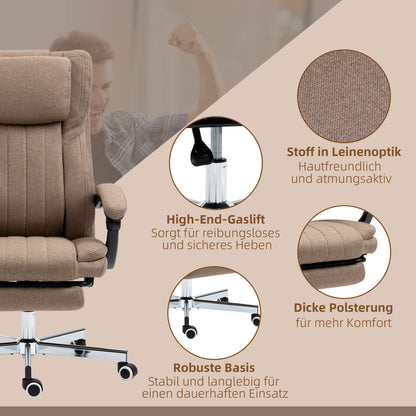 Vinsetto Bürostuhl mit Massagefunktion, neigbare Rücklehne, ausziehbare Fußstütze, Leinenoptik, 65 x 61 x 118 cm, Braun
