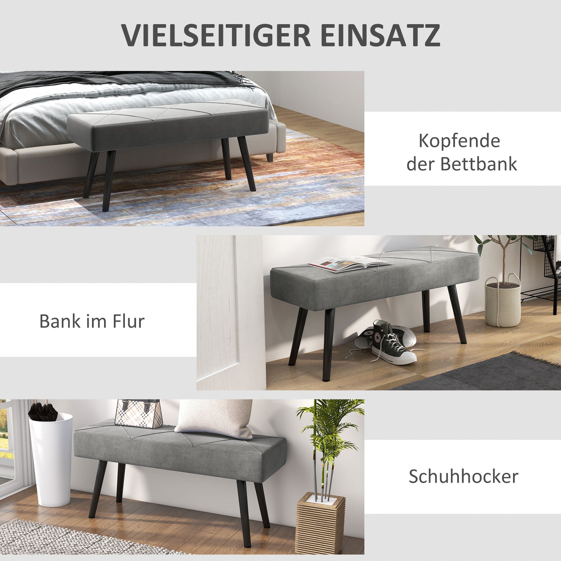 HOMCOM Sitzbank Polsterbank Bettbank, Samtoptik, 100 x 36 x 45 cm, Grau