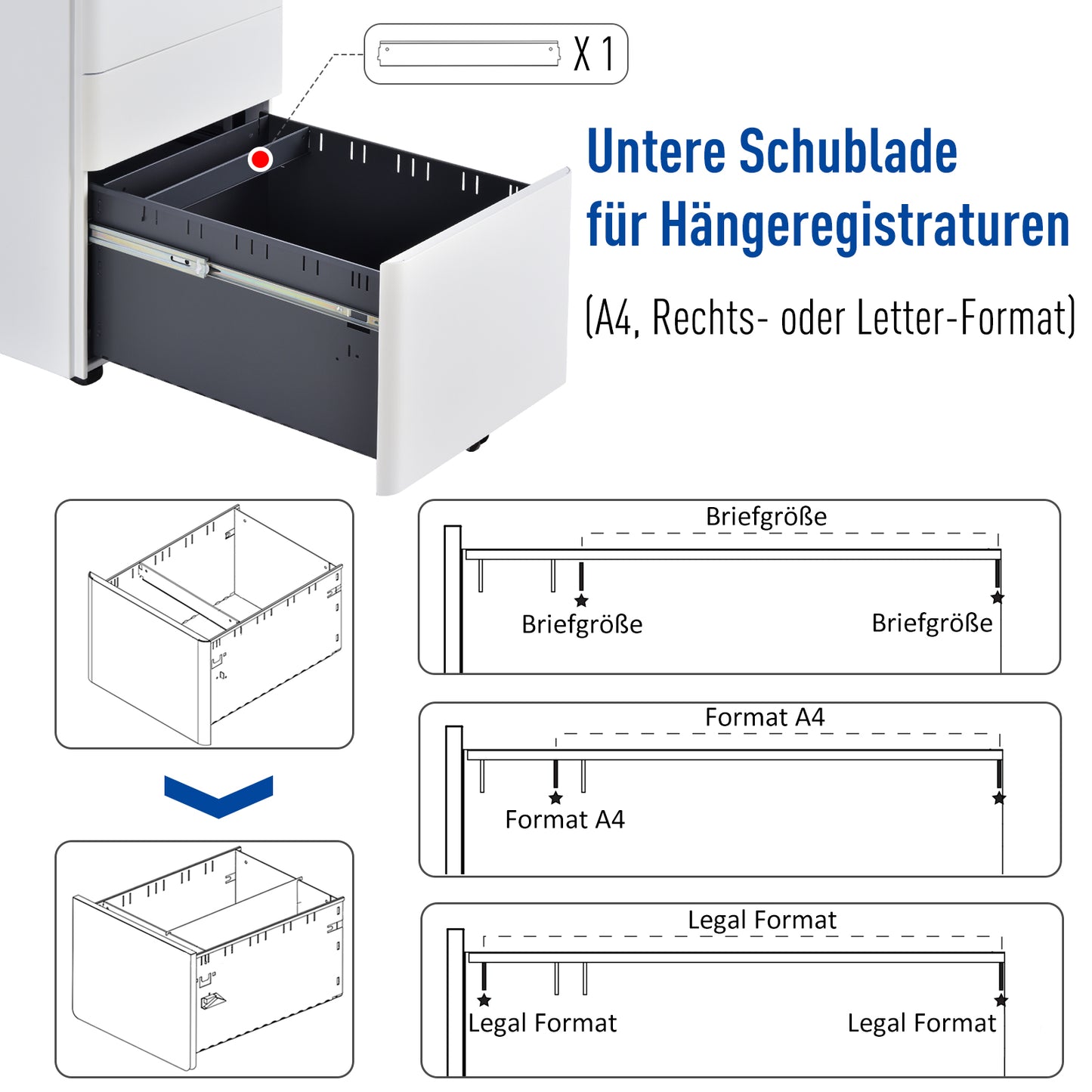 Vinsetto Rollcontainer mit 3 Schubladen mobiler Aktenschrank mit Rollen abschließbar Büroschrank mit Hängeregistratur Stiftfach, Bürocontainer für Büro, Homeoffice, 39 x 48 x 59 cm Weiß