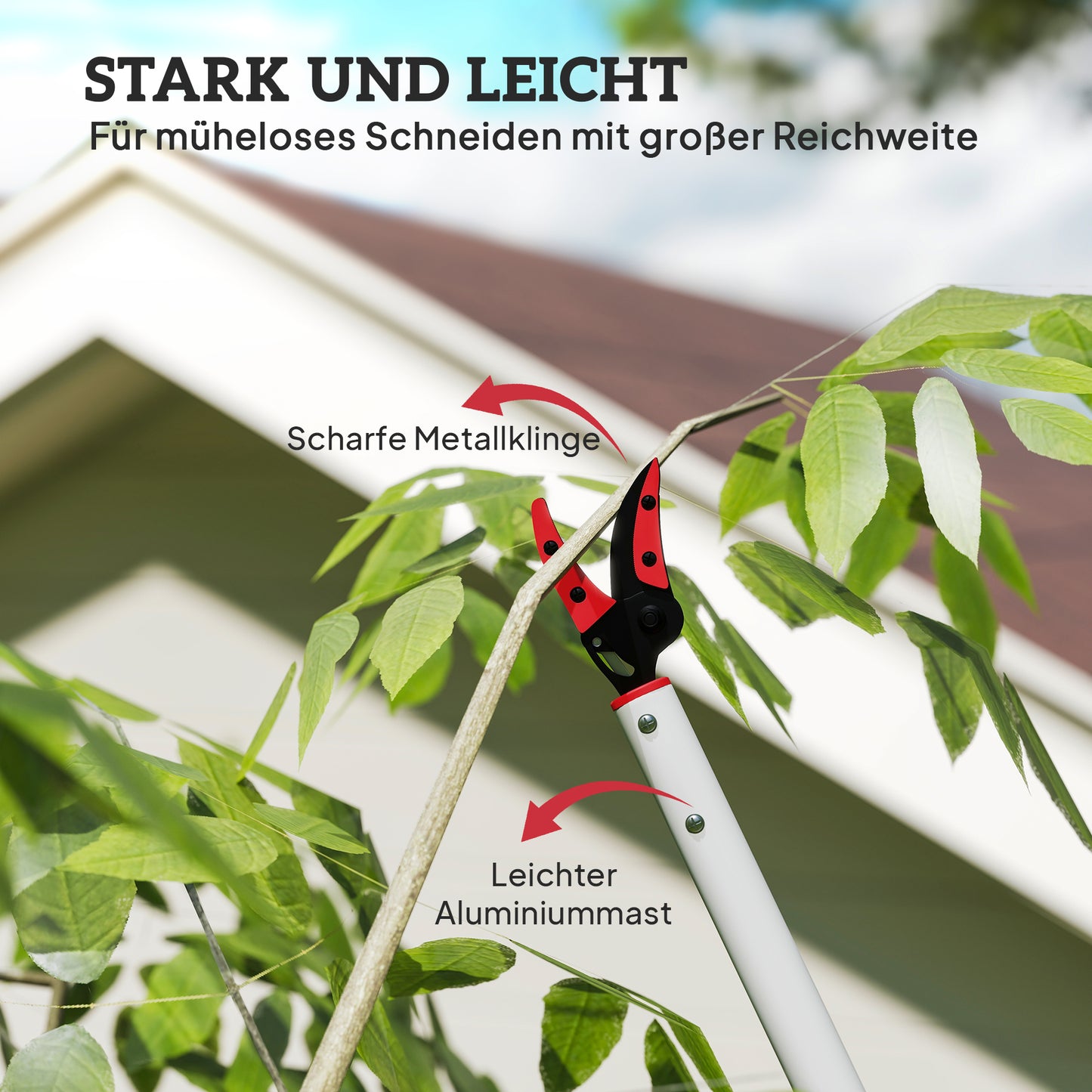 Outsunny 1,2 m Baumschere, Astscheren zum Schneiden, Gartenschneider mit Aluminiumgriff, Langstielige Gartenschere, Rot