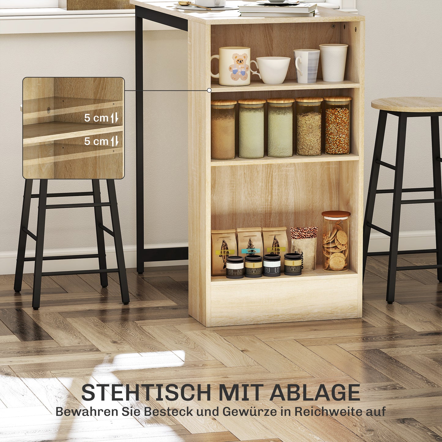 HOMCOM 3-teiliges Bartisch-Set, 1 Tresen, 2 Stühle, mit Stauraum und Fußstützen, platzsparend, Hellbraun+Schwarz