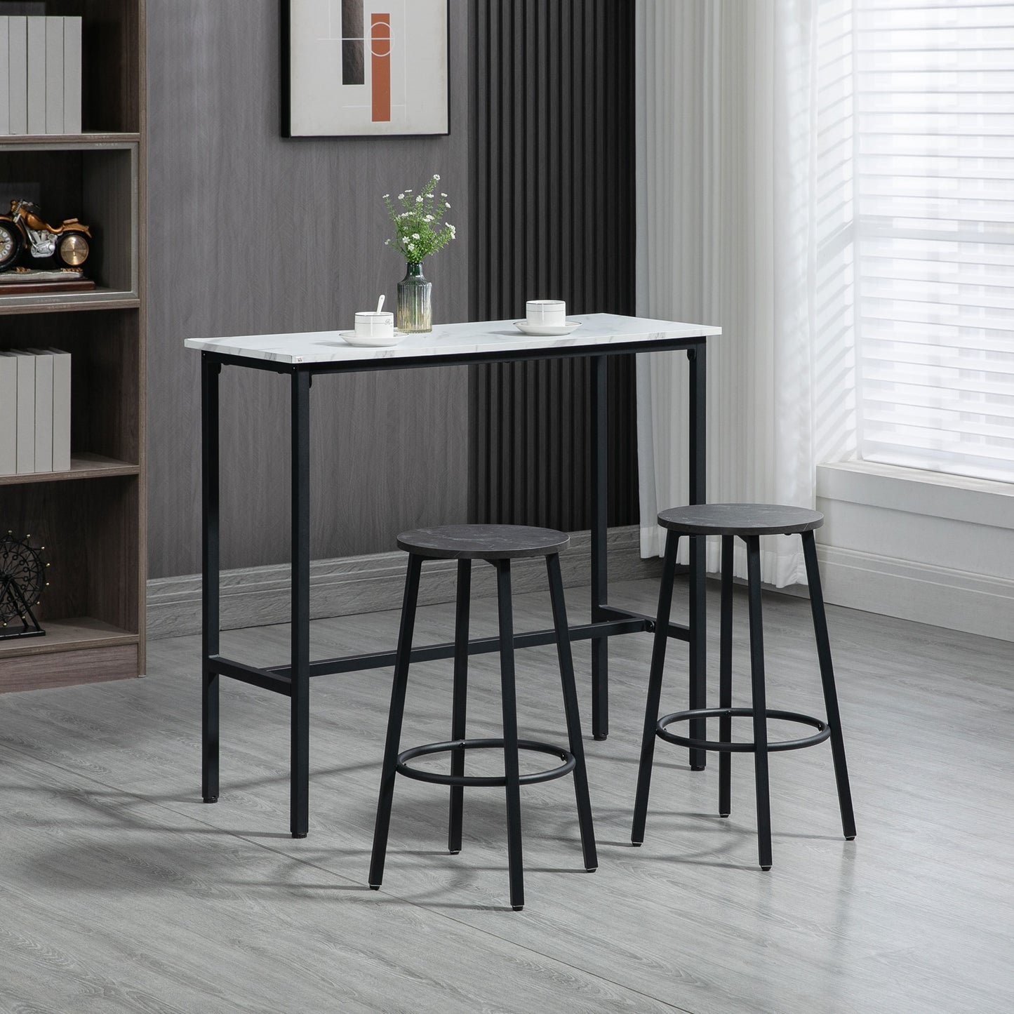 HOMCOM Bar-Set für 2 Personen, 1 Tisch mit 2 Barhockern, Tischplatte in weißer Marmoroptik, Stahlrahmen