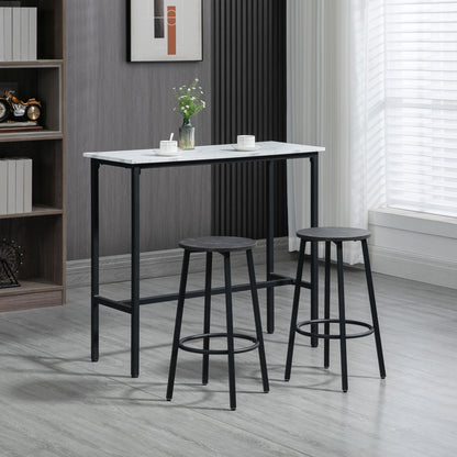 HOMCOM Bar-Set für 2 Personen, 1 Tisch mit 2 Barhockern, Tischplatte in weißer Marmoroptik, Stahlrahmen