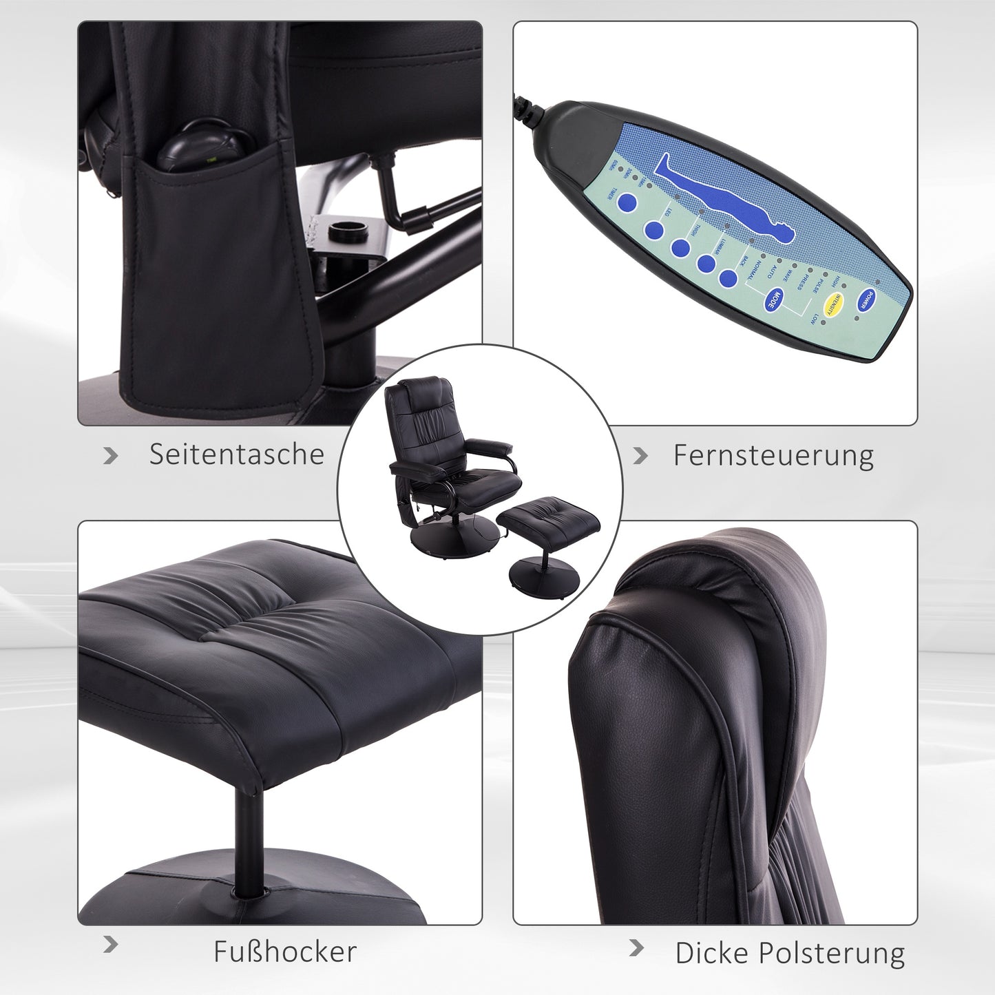 HOMCOM Massagesessel mit Hocker, Drehbares Relaxsessel mit Massagefunktion, Elektrisches Fernsehsessel mit Liegefunktion, Fernbedienung für Wohnzimmer, Kunstleder, Schwarz