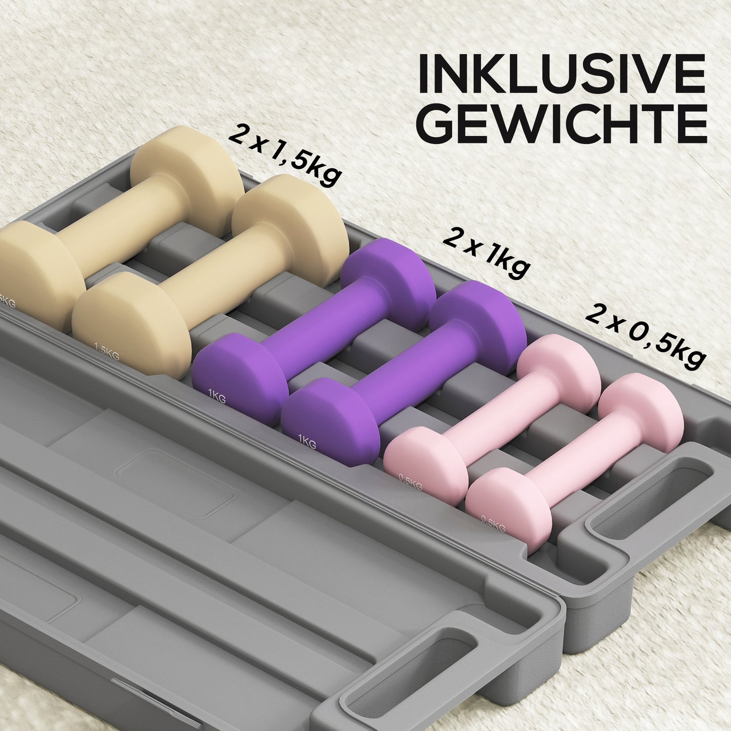 HOMCOM Hantelset 6er Set Hanteln mit Koffer, Gewichten, 0,5kg, 1kg, 1,5kg verstellbar für Zuhause, Fitnessstudio