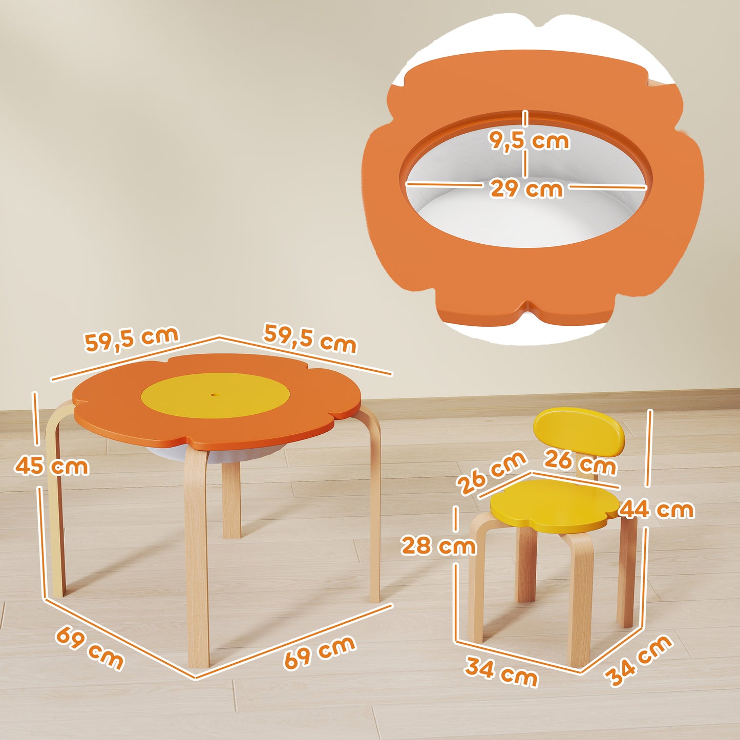 AIYAPLAY 5-teiliges Kindertisch- und Stuhl-Set, mit Aufbewahrungstasche, Blumenform, für Spielzimmer, Kinderzimmer, Holz, Bunt