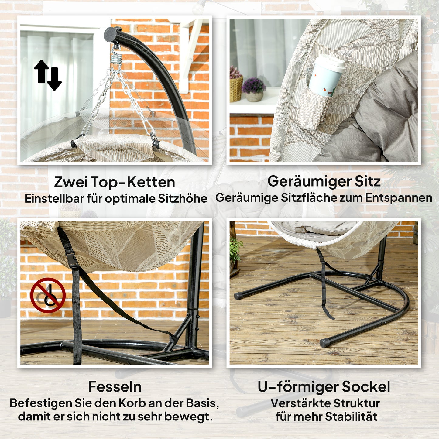 Outsunny Eiförmiger Hängekorb, Hängesessel mit Schaukelfunktion und faltbarem Korb, Gartenstuhl, Becherhalter, Sandbraun