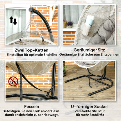 Outsunny Eiförmiger Hängekorb, Hängesessel mit Schaukelfunktion und faltbarem Korb, Gartenstuhl, Becherhalter, Sandbraun