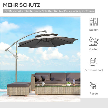 Outsunny Sonnenschirm Ampelschirm Ø2,67 x 2,45 m Kurbelschirm mit Doppeldach Kreuzbasis Stahl Outdoor Sonnenschutz Polyester Stahl Hellgrau