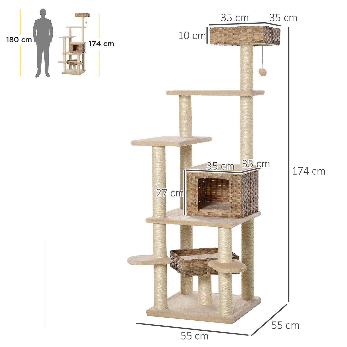 PawHut Rattan Kratzbaum mit Katzenhöhle Mehrstufiger Katzenbaum Kletterbaum für Katzen E1 MDF Sisal Beige+Braun 55 x 55 x 174 cm
