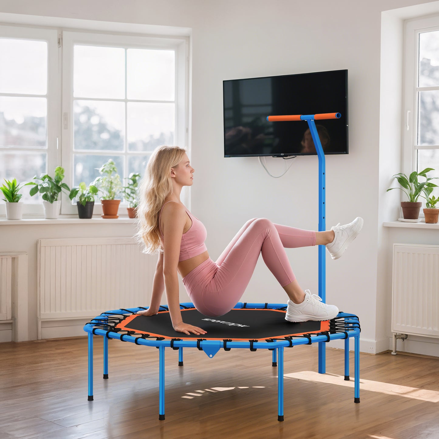 SPORTNOW Fitness-Trampolin, Trainingstrampolin mit verstellbarem Haltegriff, stabil und leise, für drinnenf, Stahl, Blau