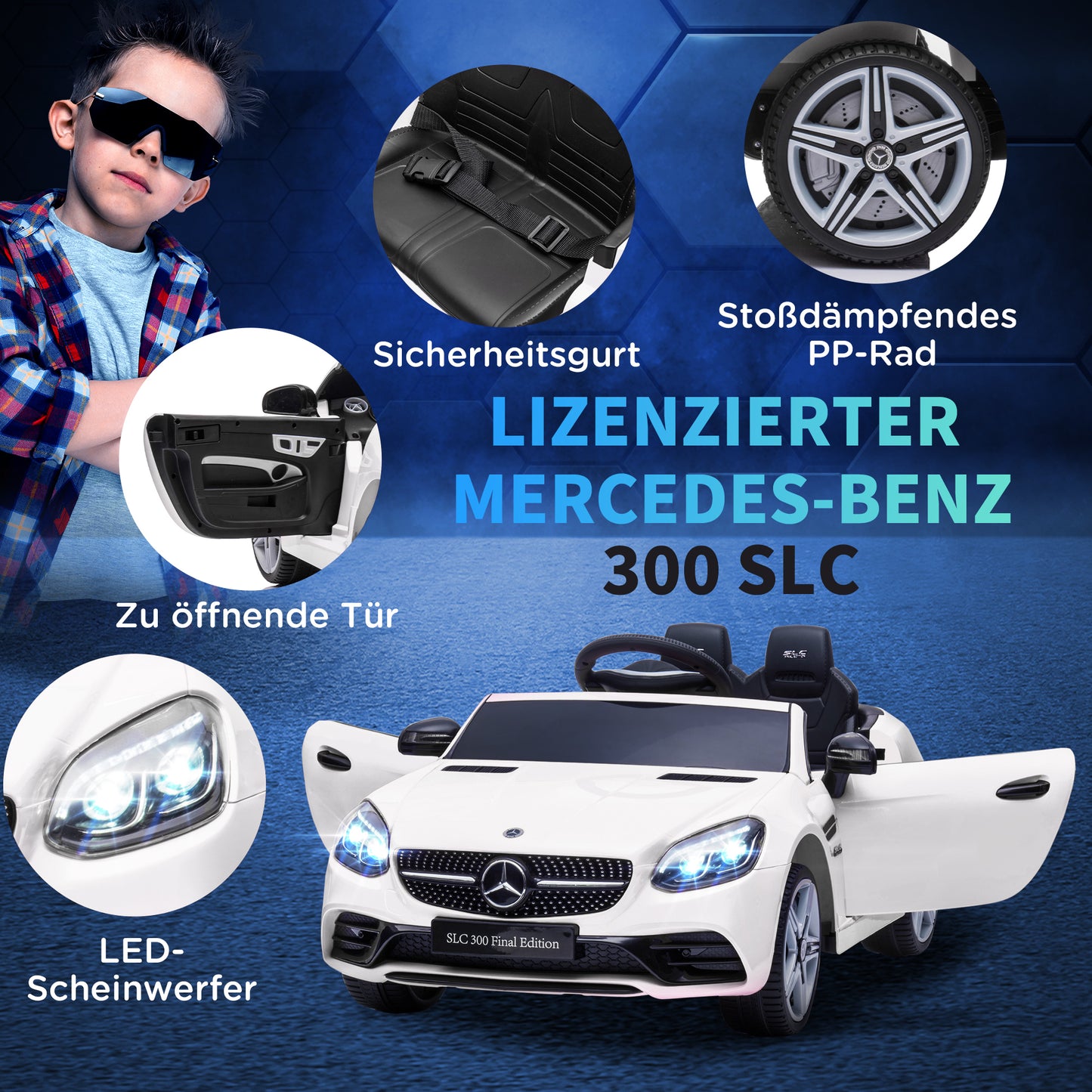 AIYAPLAY Kinder-Elektroauto, mit LED-Scheinwerfern, Sicherheitsgurt, Hupe, Musik, 3 bis 5 km/h, weiß, 107 x 62,5 x 44cm