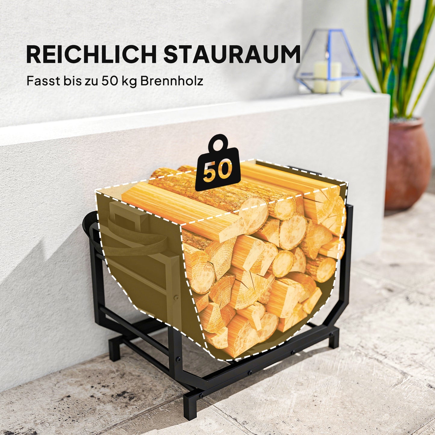 Outsunny Kaminholzregal für innen 53 x 33 x 43 cm Brennholzregal mit Tragetasche Metall Schwarz