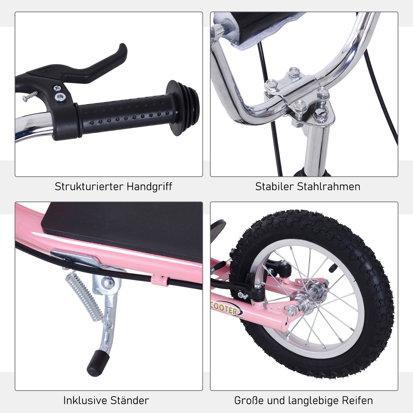 HOMCOM Roller Kinderroller mit Luftreifen Handbremse, 16 Zoll Tretroller Höhenverstellbar Kickscooter für Jungen und Mädchen ab 5 Jahre Kickboard Cityroller Kinder Scooter Rosa