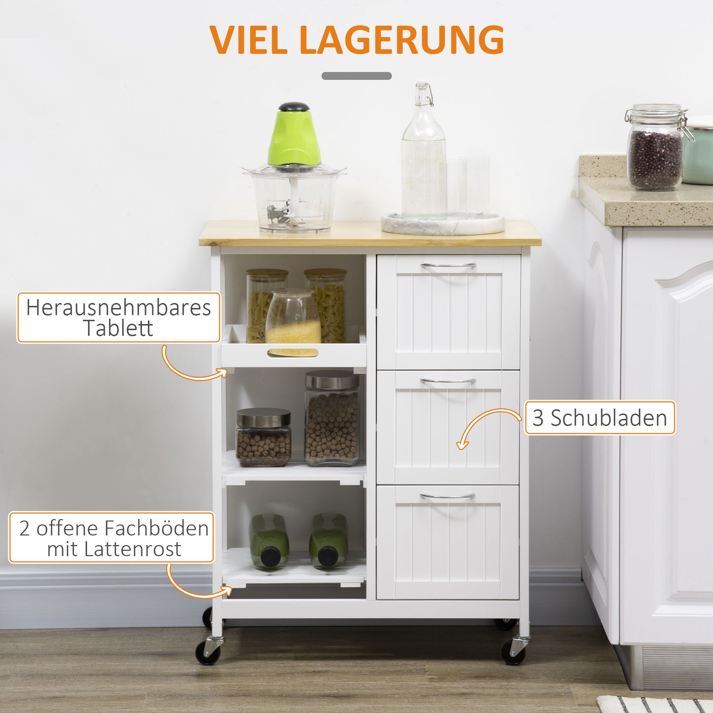HOMCOM Küchenwagen im Landhausstil Kücheninsel Küchentrolley mit 3 Schubladen, Weiß