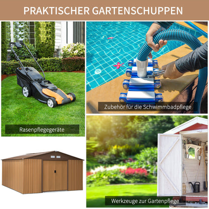 Outsunny Stahl Gerätehaus 20m³ Geräteschuppen Gartenhaus Fahrradschuppen Garten Schuppen Braun 340 x 386 x 200 cm