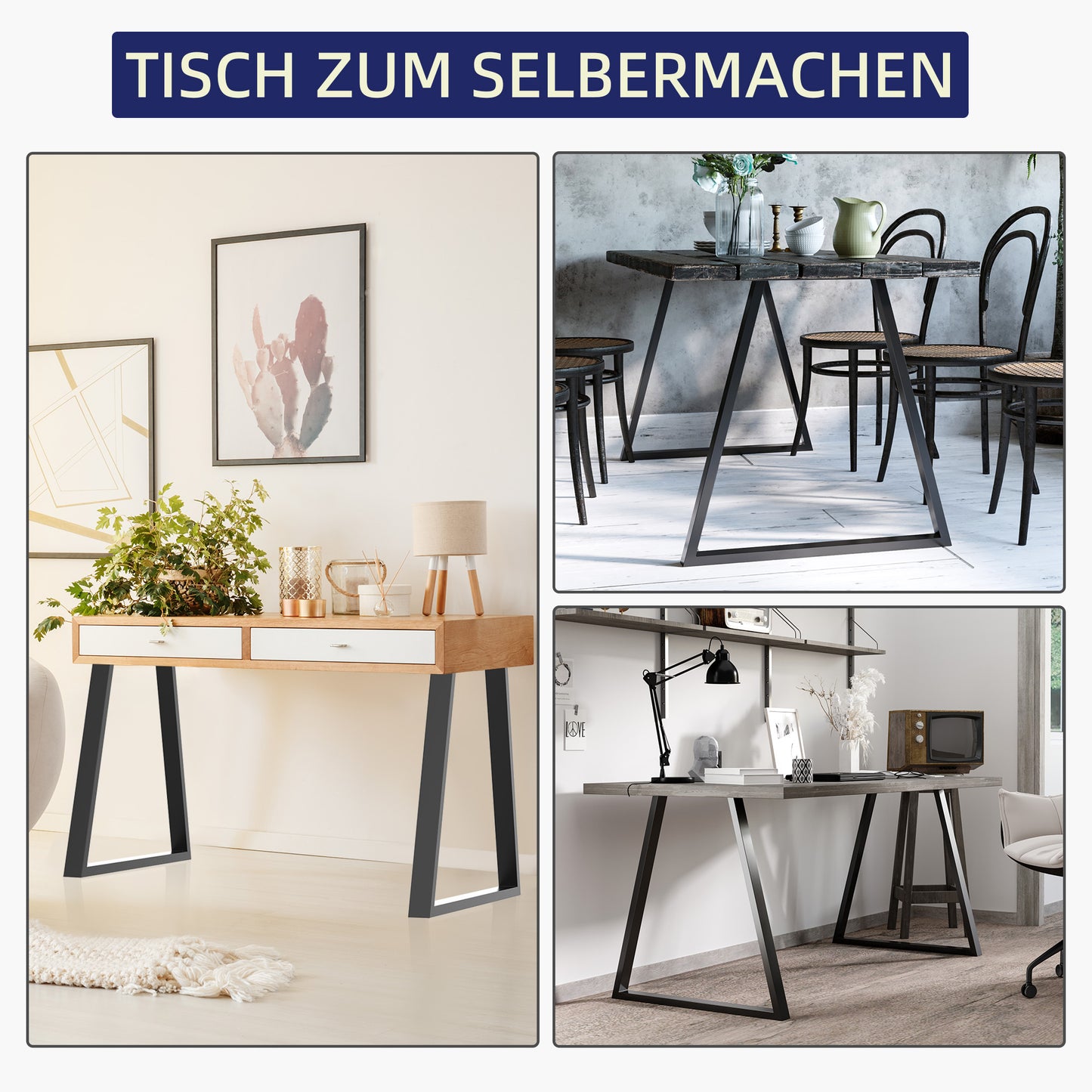 HOMCOM Trapezförmige Tischbeine im 2er-Set, Metall, vorgebohrt, mit Schrauben, Schwarz