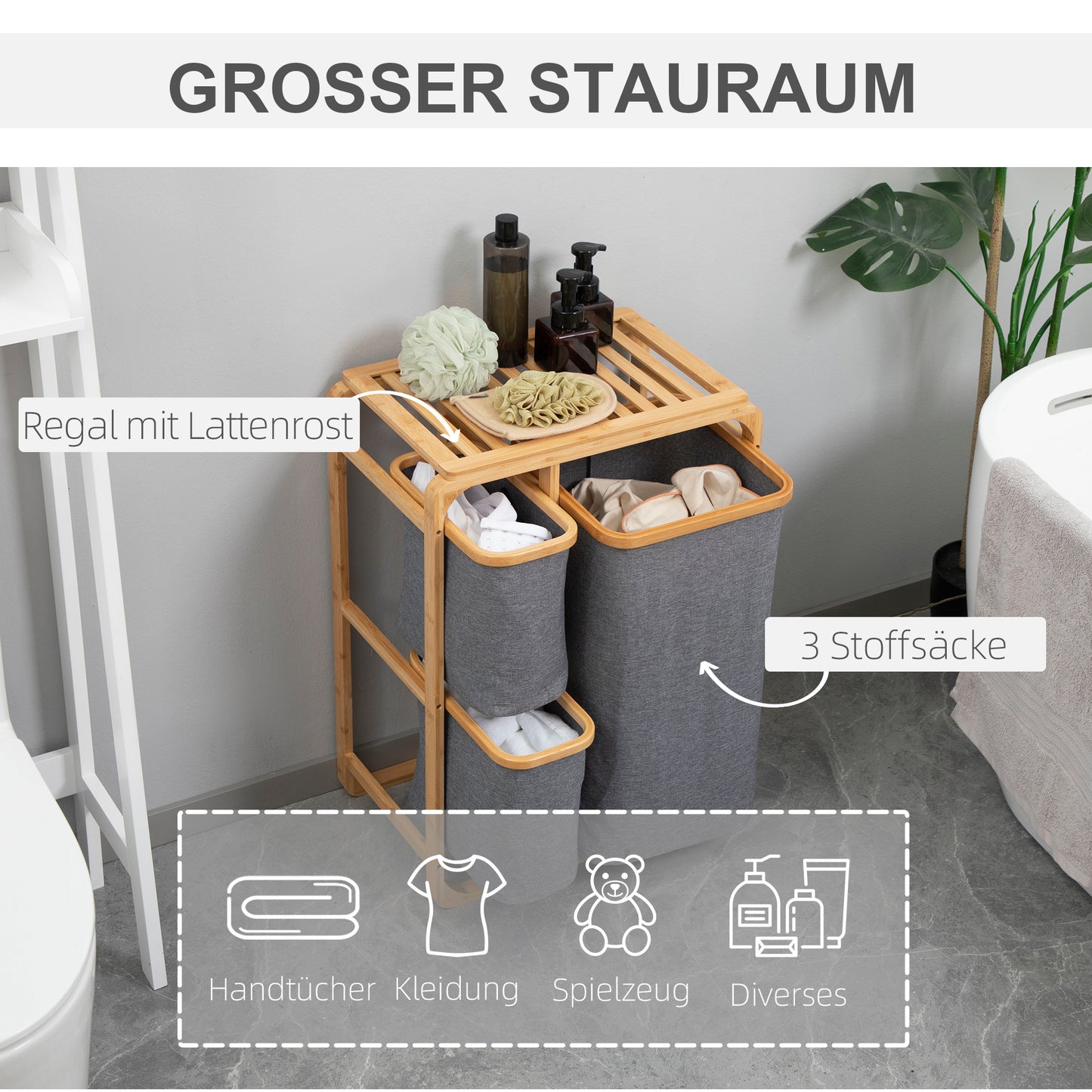 HOMCOM Wäschekorb aus Bambus , 3 abnehmbare Körbe 50 cm x 32 cm x 69,7 cm Natur Grau