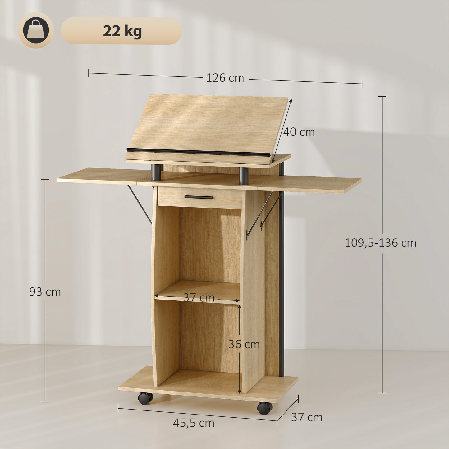 HOMCOM Rollbarer Podiumsständer, Redepult mit klappbaren Seitenflügeln, Laptop-Tisch mit Schublade und Regalen, Eichenoptik