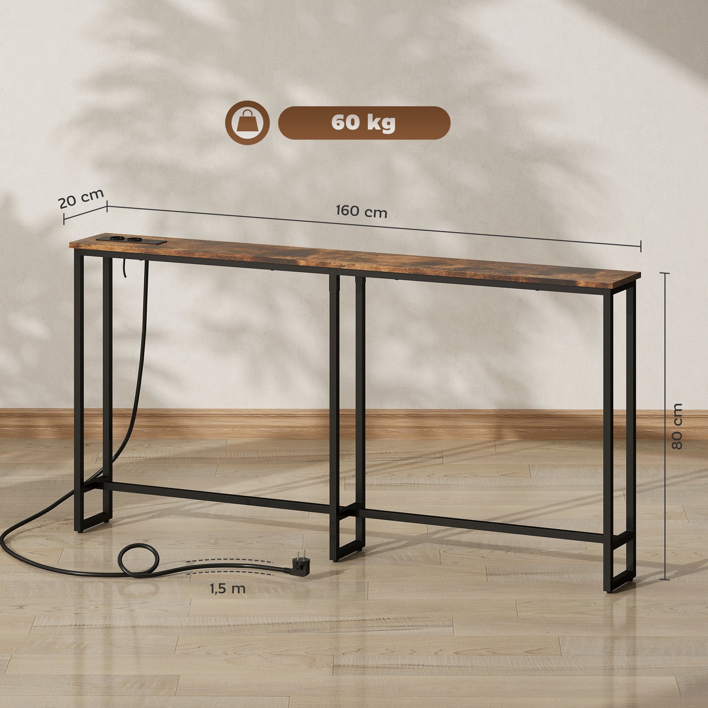 HOMCOM Schlanker Konsolentisch mit Ladestation, Industriestil, Stahlrahmen, Braun