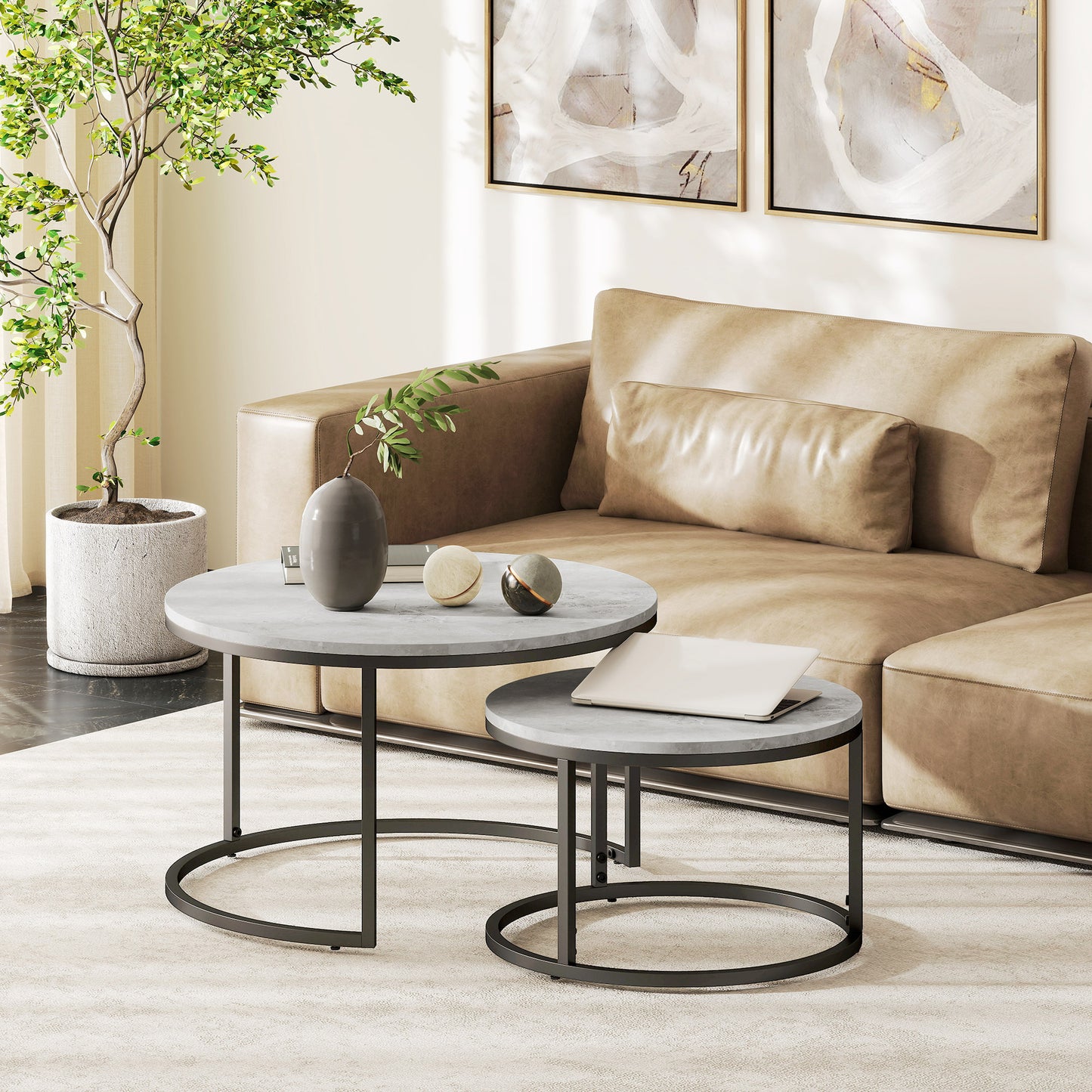 HOMCOM Couchtisch-Set, 2 runde Satztische, Industriedesign, Metallgestell, Betonoptik/Schwarz