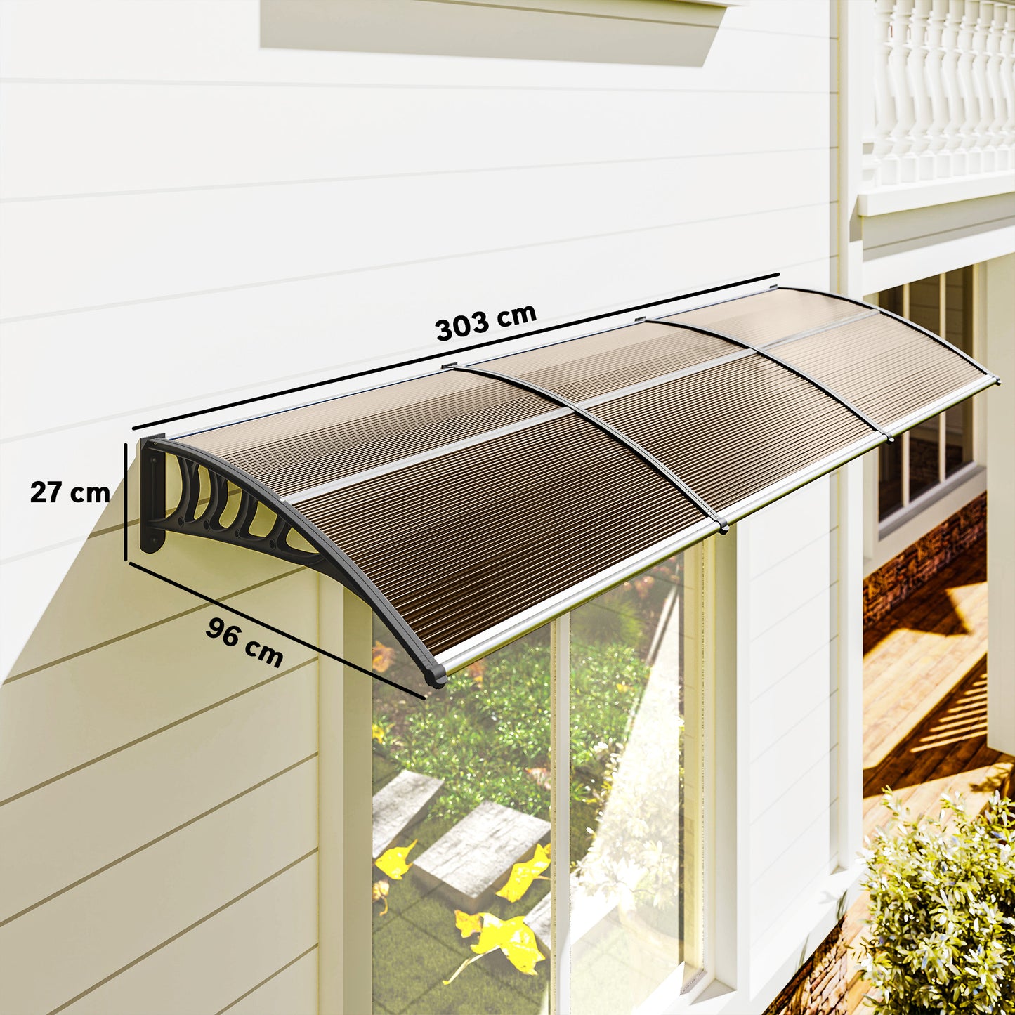Outsunny Vordach für Haustür/Fenster, wetterfest, Braun, Aluminium/Polycarbonat, 303x96x27cm, Schwarz