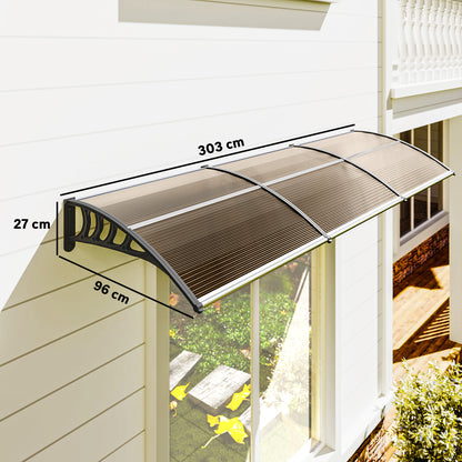 Outsunny Vordach für Haustür/Fenster, wetterfest, Braun, Aluminium/Polycarbonat, 303x96x27cm, Schwarz