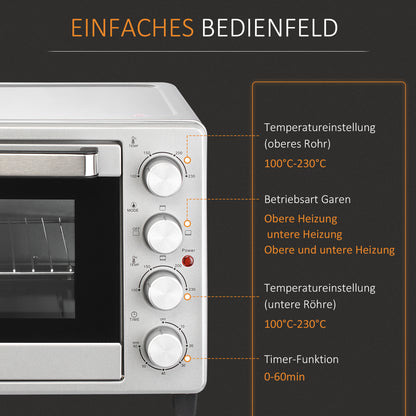 HOMCOM Mini Backofen 32L 100 °C-230 °C 1600 W Mini Ofen mit Backblech Krümelblech Grillrost und 3 Kochmodi Pizzaofen mit Timer Backblech-Griff Edelstahl Silber