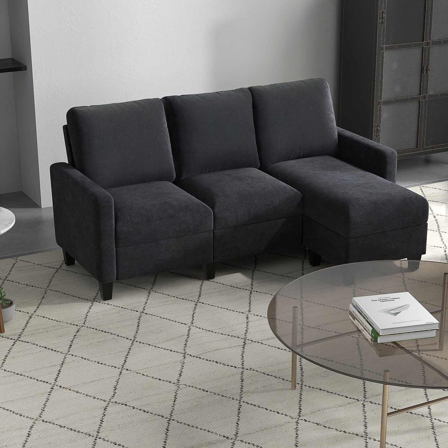 HOMCOM Ecksofa, Couchgarnitur, mit wendbarer Chaiselongue, 197 x 139 x 91cm, dunkelgrau