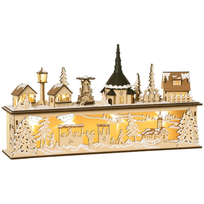 HOMCOM Weihnachtsdekoration، Weihnachtsdorf، 10 مصابيح LED، ضوء دافئ، 45 × 10 × 25 سم، Holzdekor