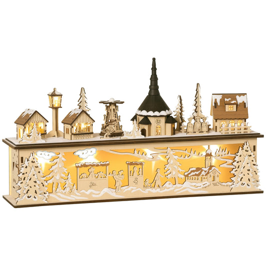 HOMCOM Weihnachtsdekoration, Weihnachtsdorf, 10 LEDs, warmweißes Licht, 45 x 10 x 25 cm, Holzdekor