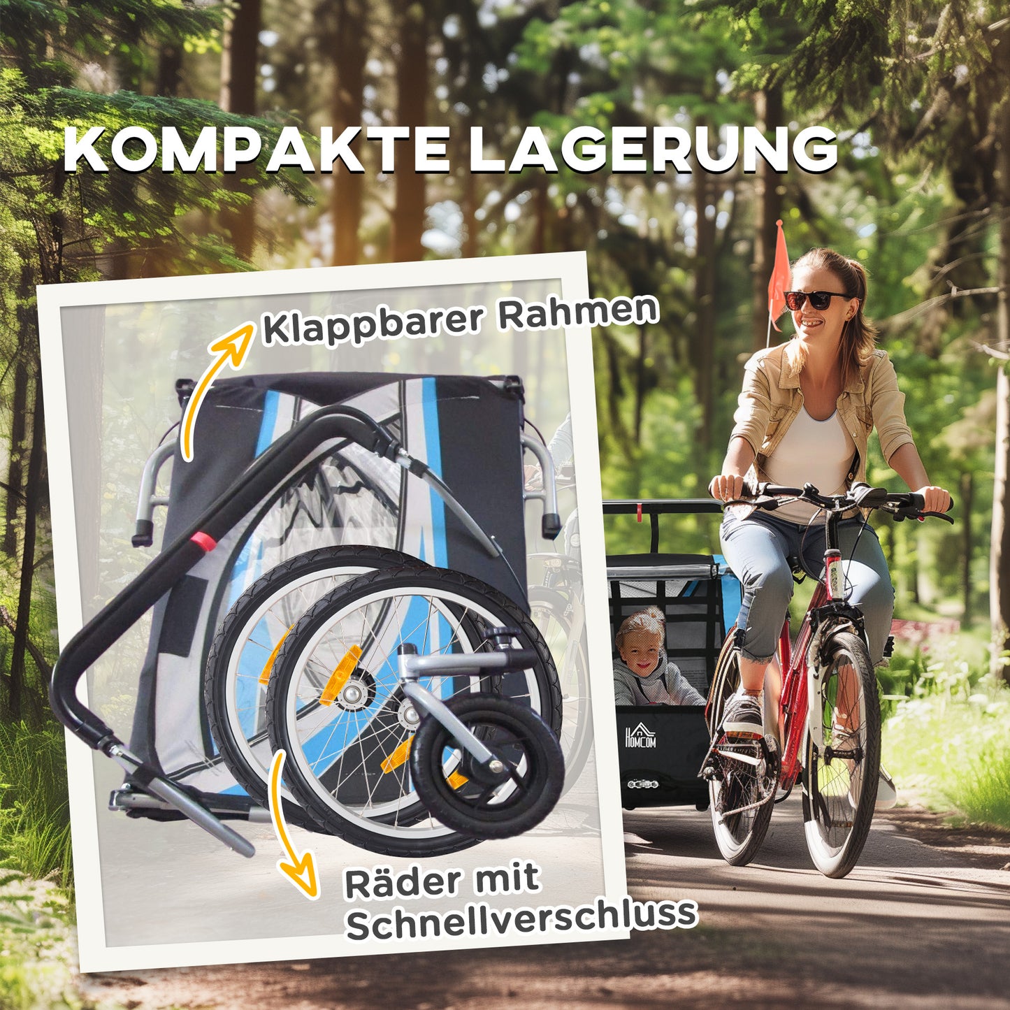 HOMCOM Kinderanhänger, Kinderwagen, 5-Punkt-Sicherheitsgurt, Universalkupplung, Stahl, Blau, 142 x 75 x 101 cm