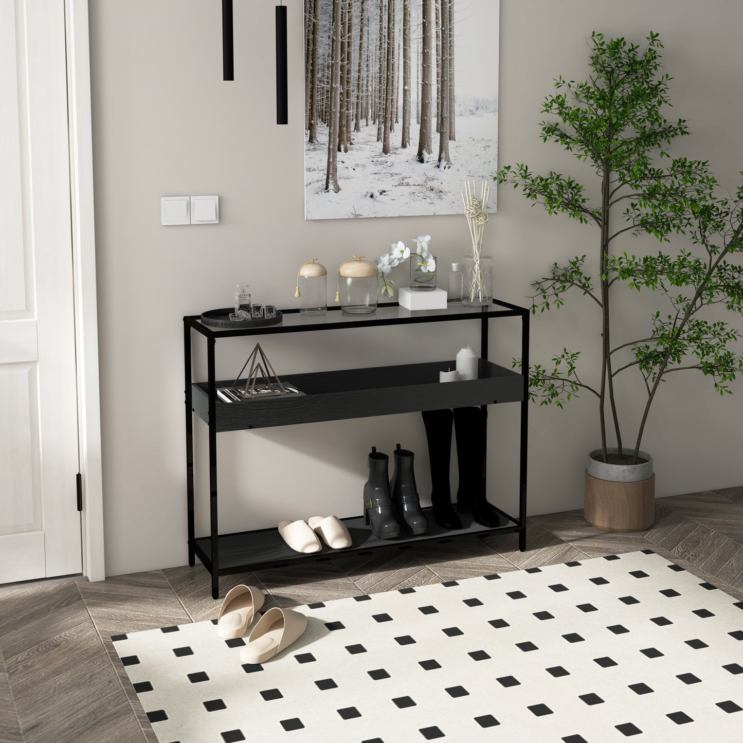 HOMCOM Konsolentisch mit 2 Regalen, Flurtisch, Flurkonsole, Schwarz