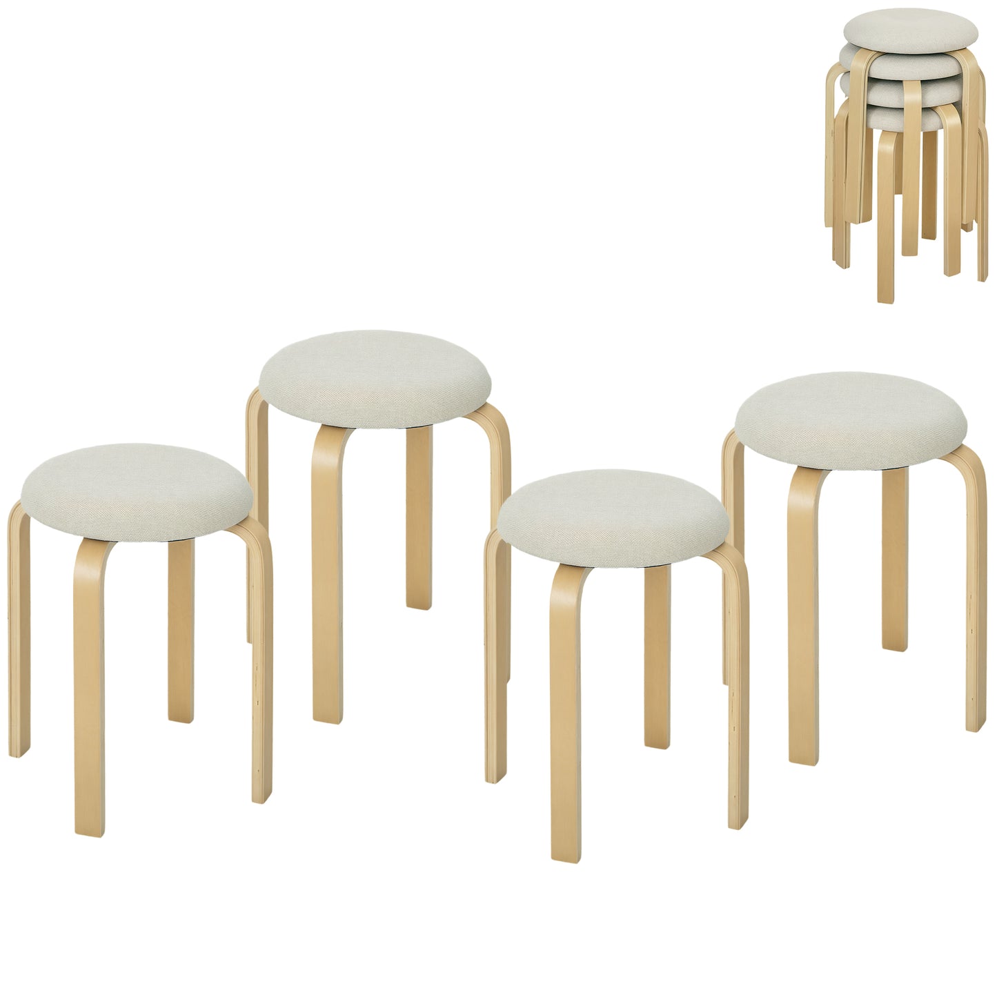HOMCOM Polsterhocker im 4er-Set, stapelbar, lackierte Oberfläche, Holzbeine, Cremeweiß