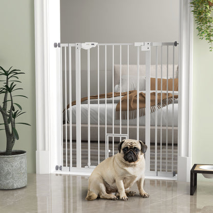 PawHut Hunde-Absperrgitter, doppelte Verriegelung, selbstschließende Tür, 104 cm hoch, Stahl, Weiß
