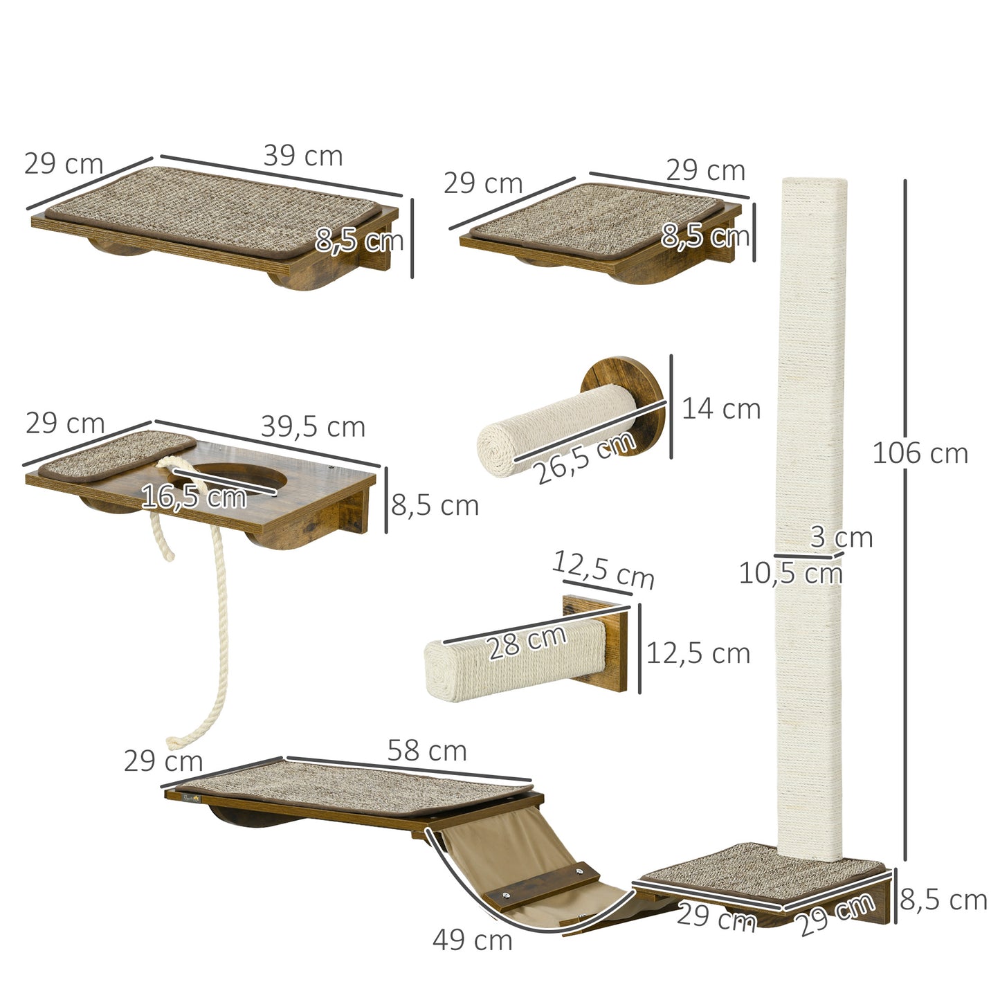 PawHut Katzentreppen-Set, Kletterwand, 8-teilig, bis 8 kg, robust, Braun/Cremeweiß