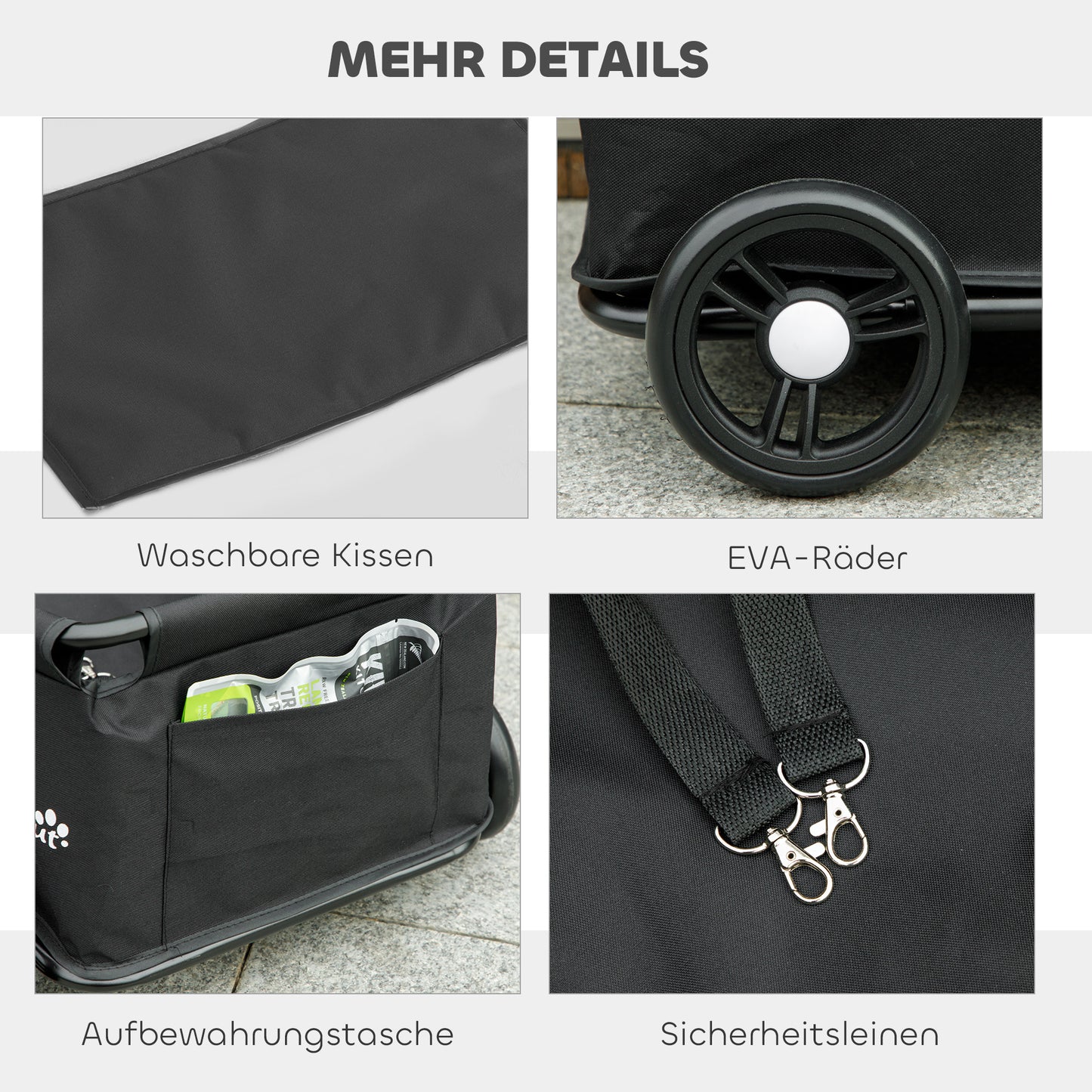 PawHut Hundewagen، مضرب كلاب Hundebuggy لـ Zwergenhunde مضاعف حتى 4 كجم، zusammenklappbarer Katzenbuggy mit Griffstange، Washbarem Kissen، Sicherheitsleinen، Aufbewahrungstasche، 4 Räder، Schwarz