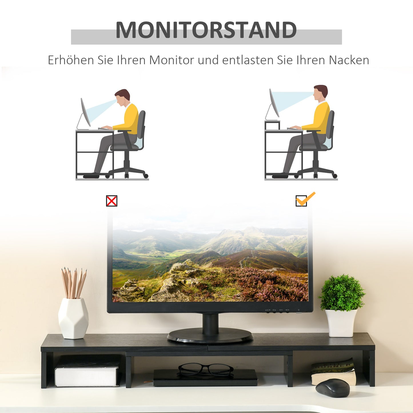Vinsetto Monitorständer Monitor Stand Dual Bildschirmerhöhung Verstellbare Länge und Schwenkwinkel Bildschirmständer für PC Notebook Laptop Drucker 80-117 x 23,5 x 10 cm Schwarz